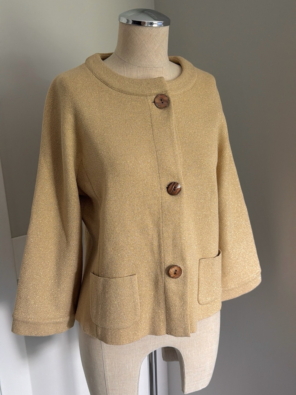Jones New York Women’s Gold Button Front 3/4 Sleeve Cardigan Sweater M